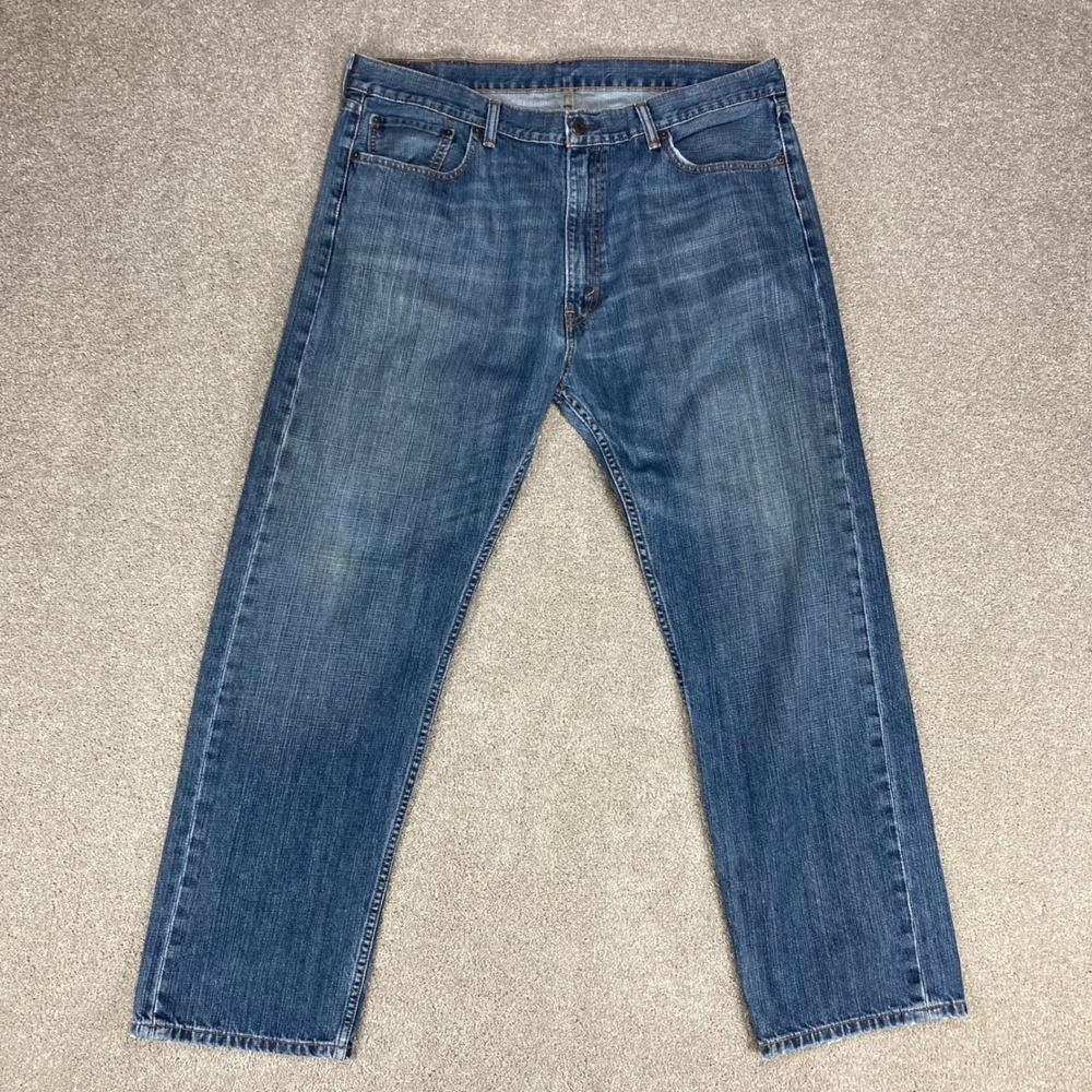 Levis 505 Straight Leg Jeans Men 40x32 Blue Dark Wash High Rise Distressed Denim